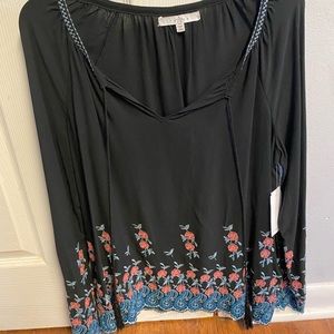 NWT Black Boho Blouse with Floral Embroidery Size M